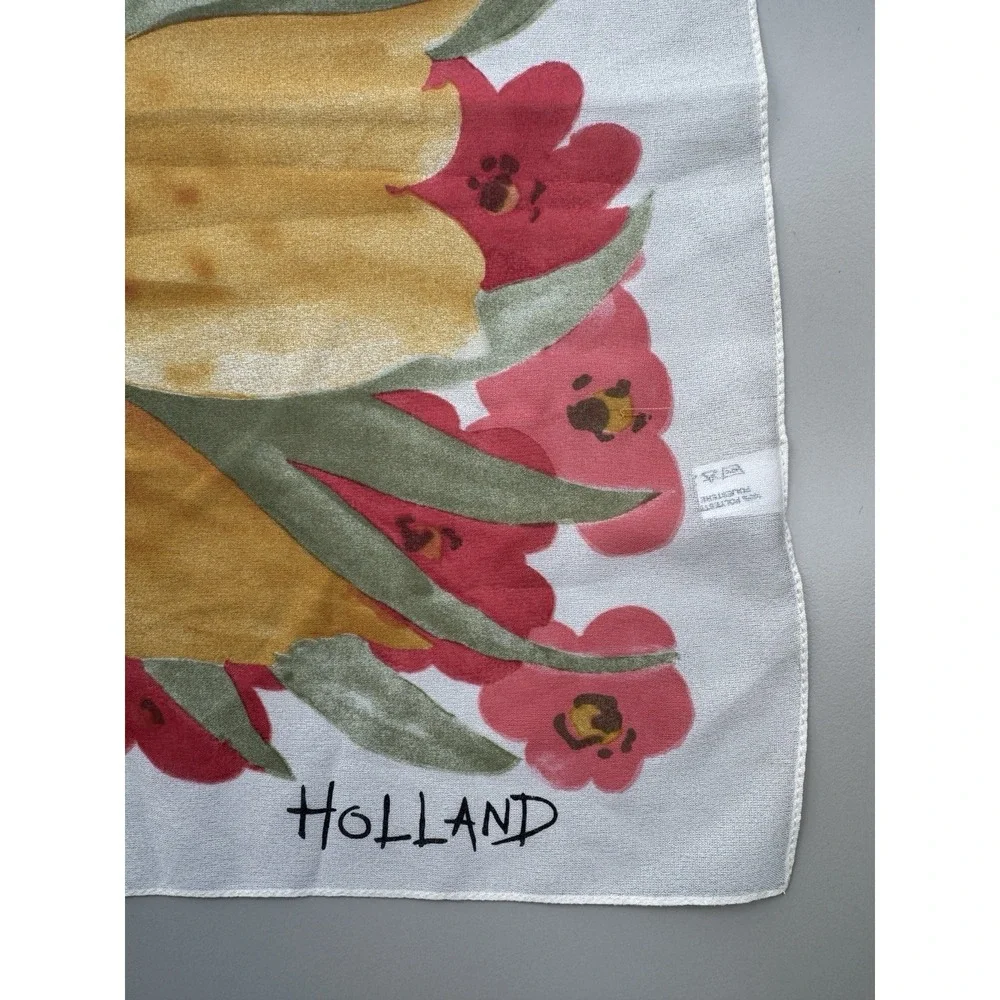 Vintage Holland Floral‎ Scarf Sheer Polyester Pink Yellow Green Square 80s Retro